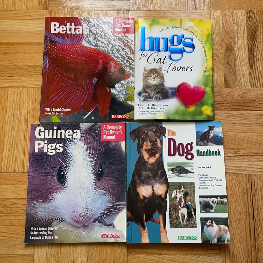 Barron’s pet guide books (beta fish/dogs/guinea pigs) & Hugs for Cat Lovers